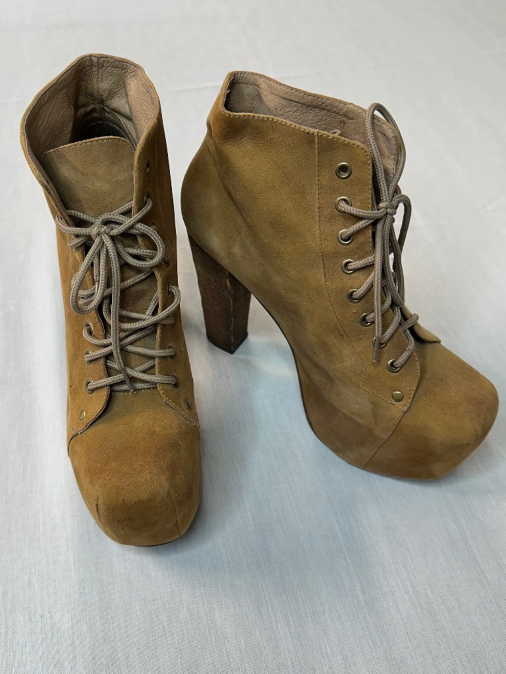 Jeffrey Campbell Lita Bootie Apricot Tan Suede Wood Lace Up